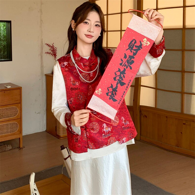 2026年春季新中式g风高级感提花马甲配衬衫两件套，女装套装/套裙，超帛