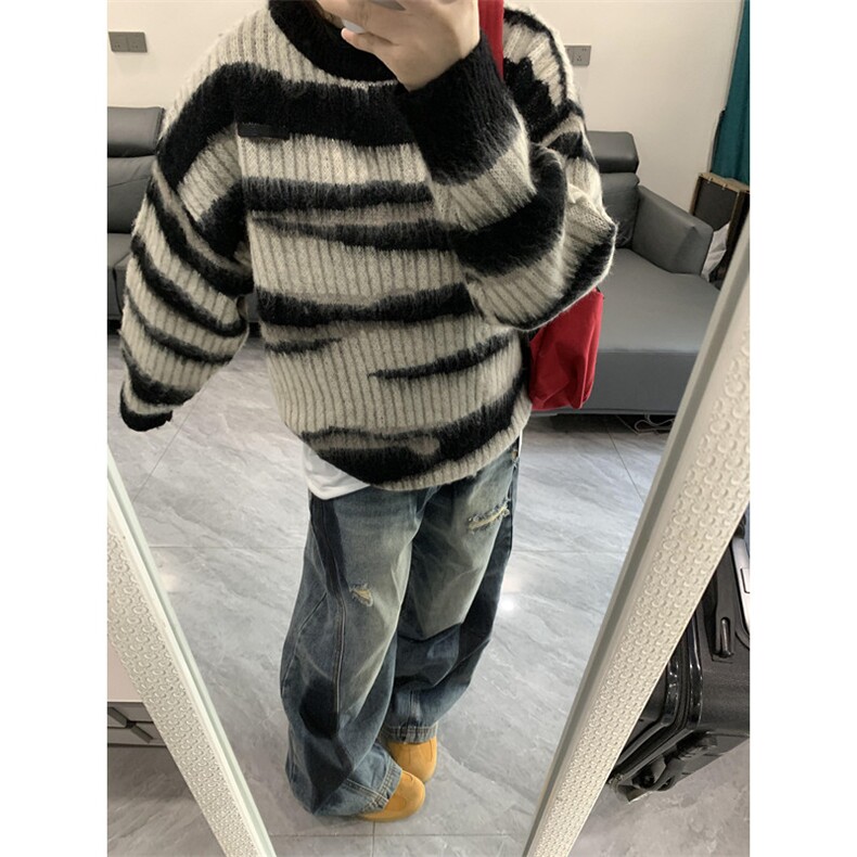 马海毛条纹美式复古毛衣男潮牌秋冬慵懒oversize针织衫M6011,男装针织衫/毛衣,星座1116A（原606A-3）