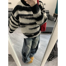 马海毛条纹美式复古毛衣男潮牌秋冬慵懒oversize针织衫M6011，男装针织衫/毛衣，星座1116A（原606A-3）