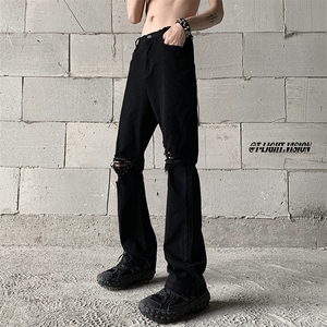 纯黑色破洞牛仔裤男款美式高街vibe风裤子提档痞帅微喇修身直筒裤图片