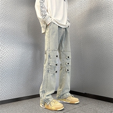 港风潮男夏季新款牛仔裤嘻哈ins潮高街潮流痞帅长裤N06020-P48，男装牛仔裤，星座308B-1