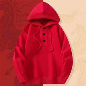 25753-P60新年战袍情侣装秋冬连帽毛衣红色本命马年衣服拜年服图片