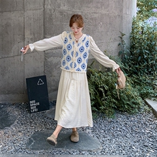 蓝色蕾丝针织马甲连衣裙两件套女春秋2025新款绝美流行超火两件套，女装套装/套裙，2C010