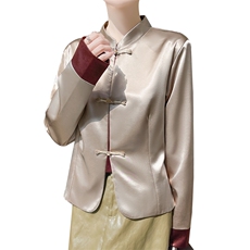 2025春季新款中式国风立领唐装休闲外套女洋气盘扣时尚缎面上衣新，女装短外套，圣丽羊绒