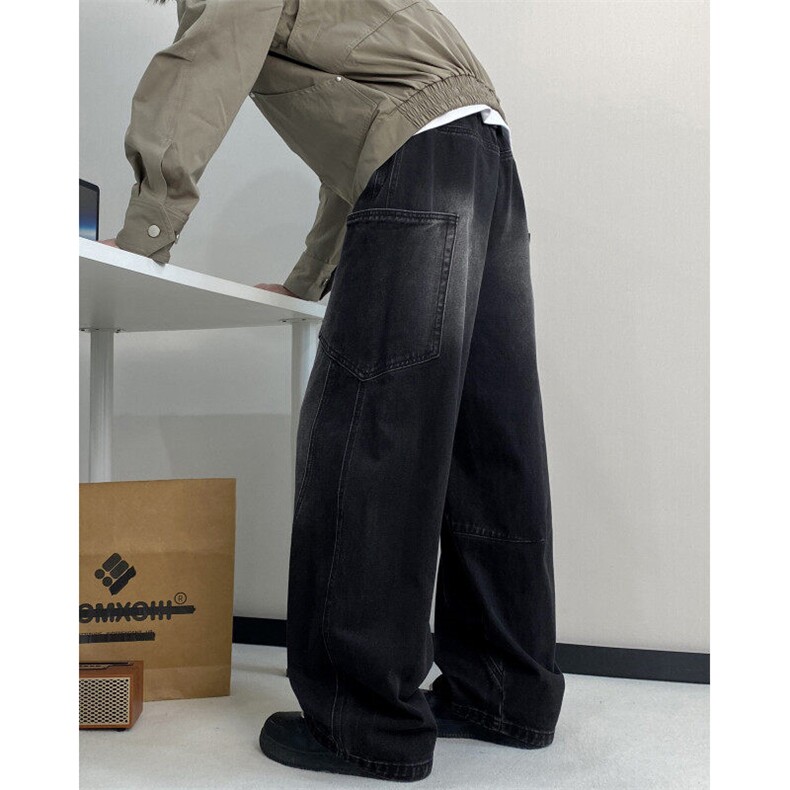 水洗黑色牛仔裤男秋冬季美式复古潮牌弯刀工装裤痞帅休闲直筒裤子，男装牛仔裤，电商B315