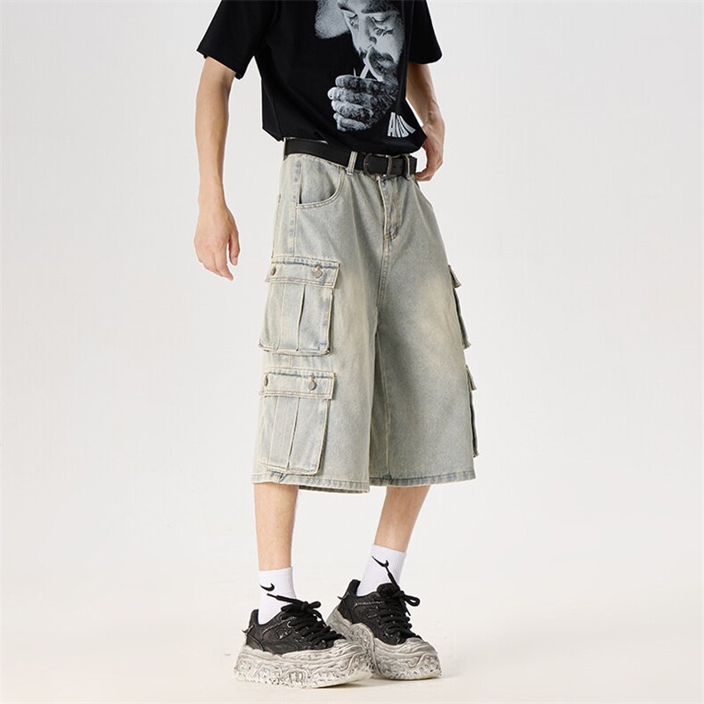 多口袋工装牛仔短裤男女夏季美式高街宽松阔腿七分裤RK2992-P52,男装牛仔裤,星座412-2