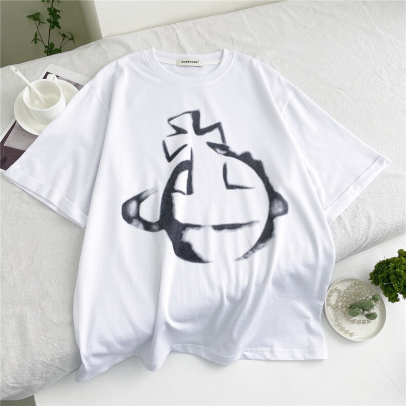 复古素描土星印花T恤中长款休闲宽松纯棉短袖图片