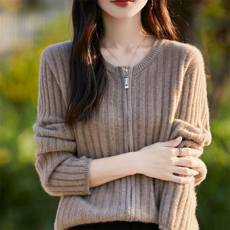 秋冬100%纯羊毛拉链开衫女圆领坑条外套毛衣宽松羊绒衫针织外搭,女装羊毛衫,吉高羊绒