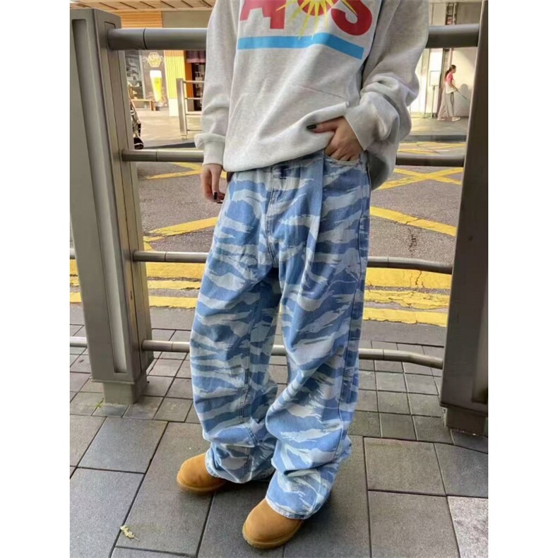 高街裤波浪纹男韩版原宿风水洗扎染直筒宽松阔腿牛仔裤Q101P45,男装牛仔裤,电商D256-3(原A064-3)