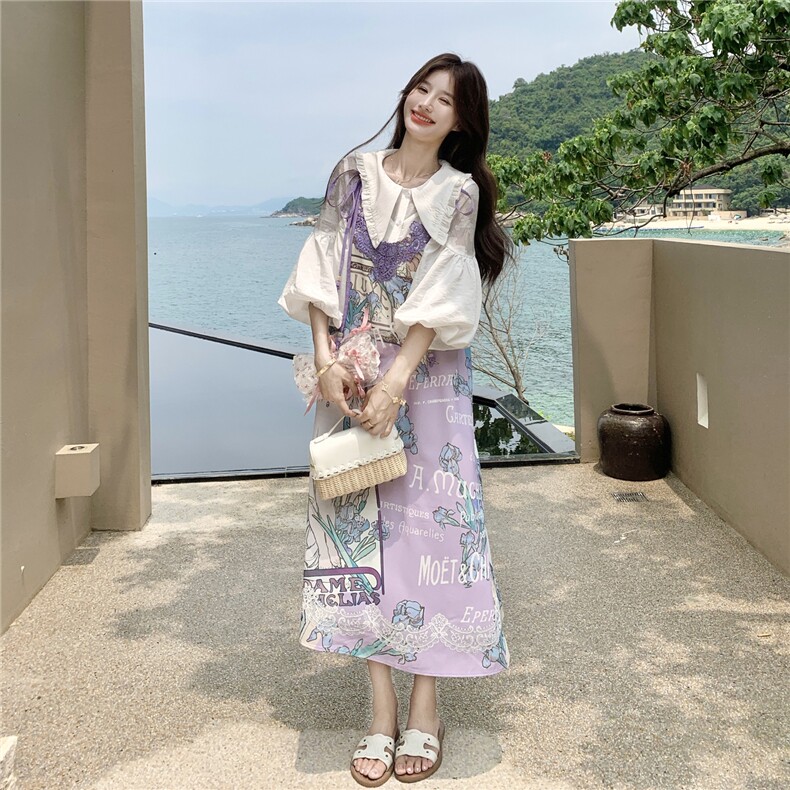 印花套装女夏季2026新款法式娃娃领衬衫蕾丝刺绣领口吊带裙两,女装连衣裙,艾米莉亚