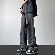 破洞拼接直筒裤子oversize设计感小众阔腿裤hiphop痞帅炸街牛仔裤，男装牛仔裤，星座601-2
