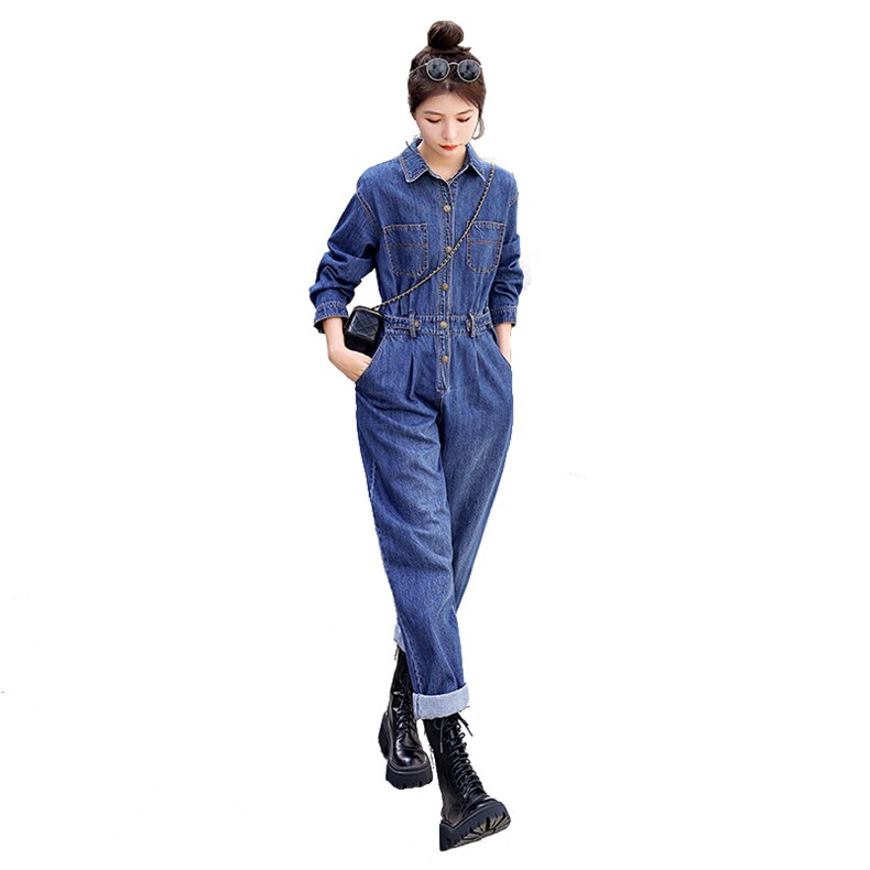 时尚显瘦牛仔连体裤女宽松高腰长袖工装裤,女装连体裤,秋水欣儿