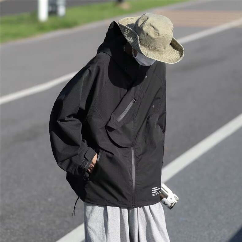 新款多口袋防水压胶拉链宽松休闲连帽夹克冲锋衣外套-Y2073-p70,男装夹克,星座601-2
