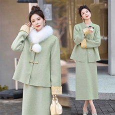 芷墨2025年冬季新款双面呢外套半身裙两件套装裙新中式盘扣套装，女装套装/套裙，芷墨服饰