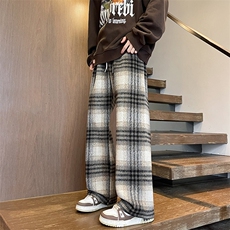 8XL-M加绒加厚毛呢黑白格休闲宽松直筒抽绳阔腿裤K990P68控88，男装休闲裤，电商D206-1