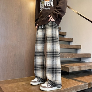 8XL-M 加绒加厚毛呢黑白格休闲宽松直筒抽绳阔腿裤K990P68控88图片