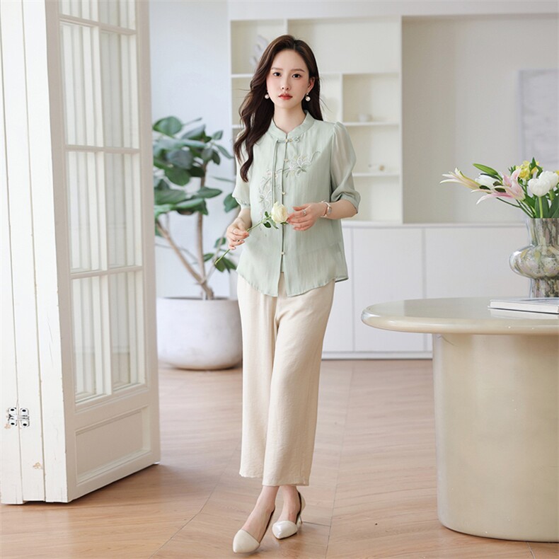 新中式妈妈夏装时尚短袖衬衫2024新款休闲女装搭配一整套两件套,女装套装/套裙,千千佰惠