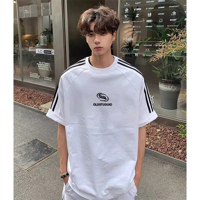 抖音得物高品质二开240克宽松纯棉美式潮牌三条杠织带短袖T恤，男装T恤，电商A486-1