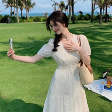 泡泡袖V领连衣裙女2025夏季新款收腰显瘦气质法式桔梗初恋长裙，女装连衣裙，天丽
