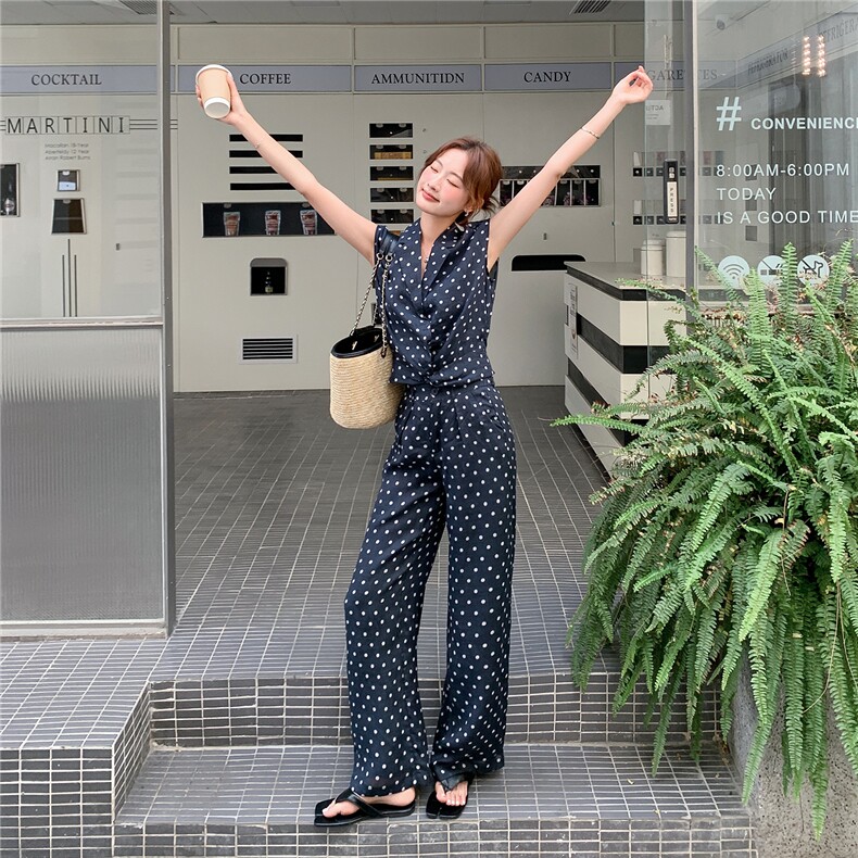 《现货26夏上新》100%苎麻波点无袖长裤气质舒适透气两件套女,女装套装/套裙,苗苗