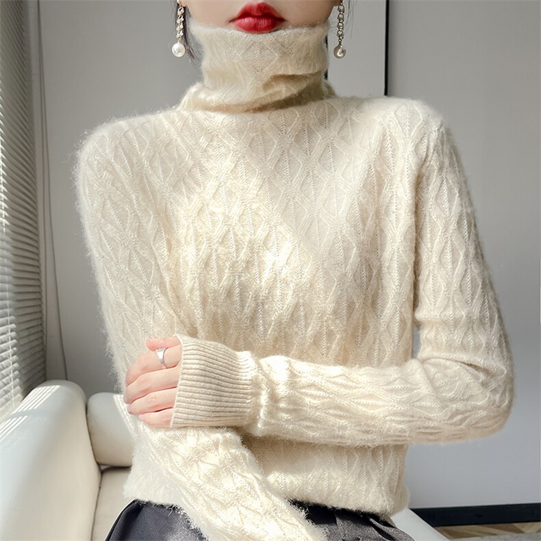 高级感秋季重工提花精致名媛高领毛衣女宽松内搭堆堆领打底羊毛衫，女装羊绒衫，轩妮羊绒