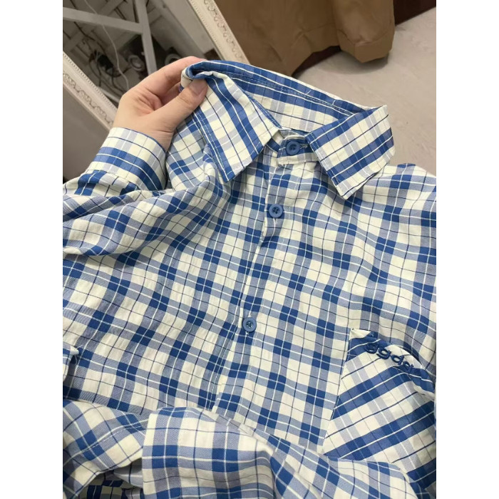 TC1316-P55 美式复古蓝白撞色长袖polo领衬衫宽松学院风百搭上衣图片