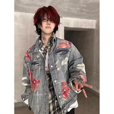 蕾丝火焰垫肩牛仔外套男女痞帅棒球服水洗复古工装夹克J35，男装夹克，星座1116A（原606A-3）