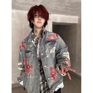 蕾丝火焰垫肩牛仔外套男女痞帅棒球服水洗复古工装夹克 J35图片