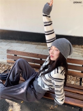 2025秋冬新款圆领条纹长袖针织开衫百搭时尚简约，女装针织衫/毛衣，秀阁羊绒