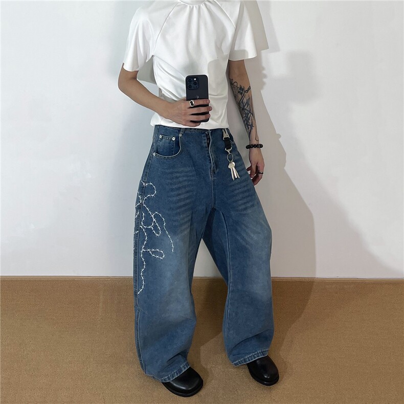 美式复古闪电刺绣设计感弯刀牛仔裤男水洗做旧宽松长裤NA20-P58，男装牛仔裤，星座208-5