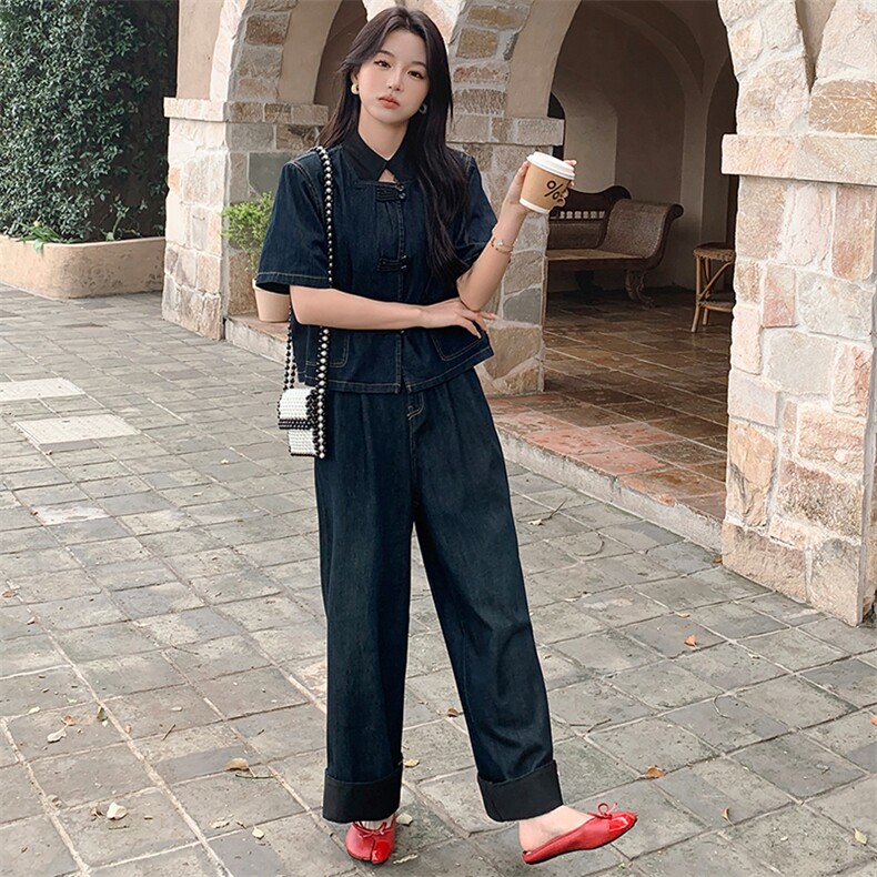 浅蓝色新中式国风牛仔套装初秋女2024新款炸街时尚阔腿裤两件套潮,女装套装/套裙,浙宝305