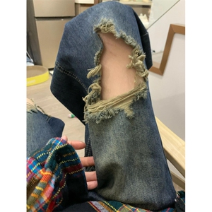 复古蓝破洞牛仔裤男女夏季美式高街vibe乞丐裤子1007-LLNZ03-P48图片