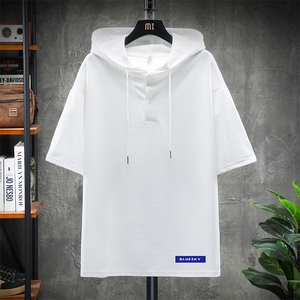 LD54202-P45 连帽短袖t恤男大码胖子带帽五分袖中袖 展架图片