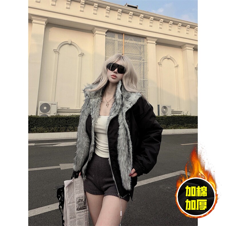 现货高品质美式高街重磅狼王座山雕毛毛领假两件棉衣加厚棉服外套，男装棉衣，电商A486-1