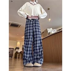 蕾丝花边格子休闲裤女秋季2025新款磨毛设计宽松阔腿裤AK2445p50，女装休闲裤，星座617A-2