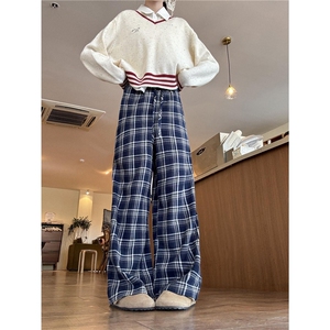 蕾丝花边格子休闲裤女秋季2025新款磨毛设计宽松阔腿裤AK2445p50图片