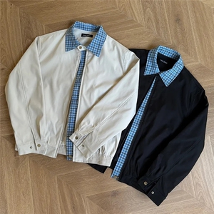格子拼接假两件miu系哈灵顿夹克男女外套老钱风上衣服XJK9011图片