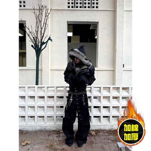 现货冬季美式潮牌痞帅PU皮机车服棉衣毛毛绒狼王座山雕皮棉服图片