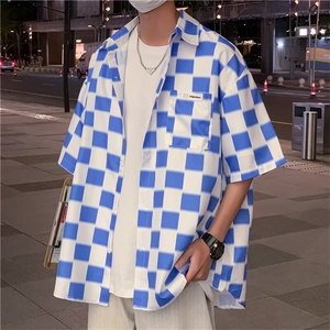F183-P30 2024新款ins潮牌宽松半袖衬衣夏季棋盘格短袖衬衫男现货图片