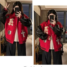 美式高街红色字母刺绣棒球服夹克男女秋冬季百搭重磅情侣外套，男装夹克，星座218-8