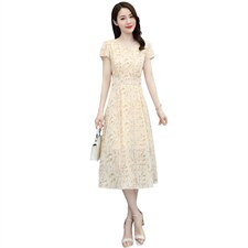 2023夏季新款简约气质优雅时尚腰部系带收腰显瘦雪纺连衣裙，女装连衣裙，牡丹诺