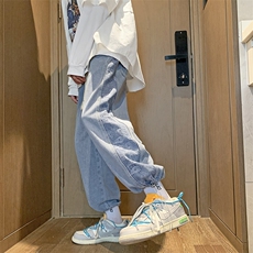 牛仔裤男韩版潮流拼接腰果花2023秋冬季新款ins宽松长裤K2475-P45，男装牛仔裤，星座412-3
