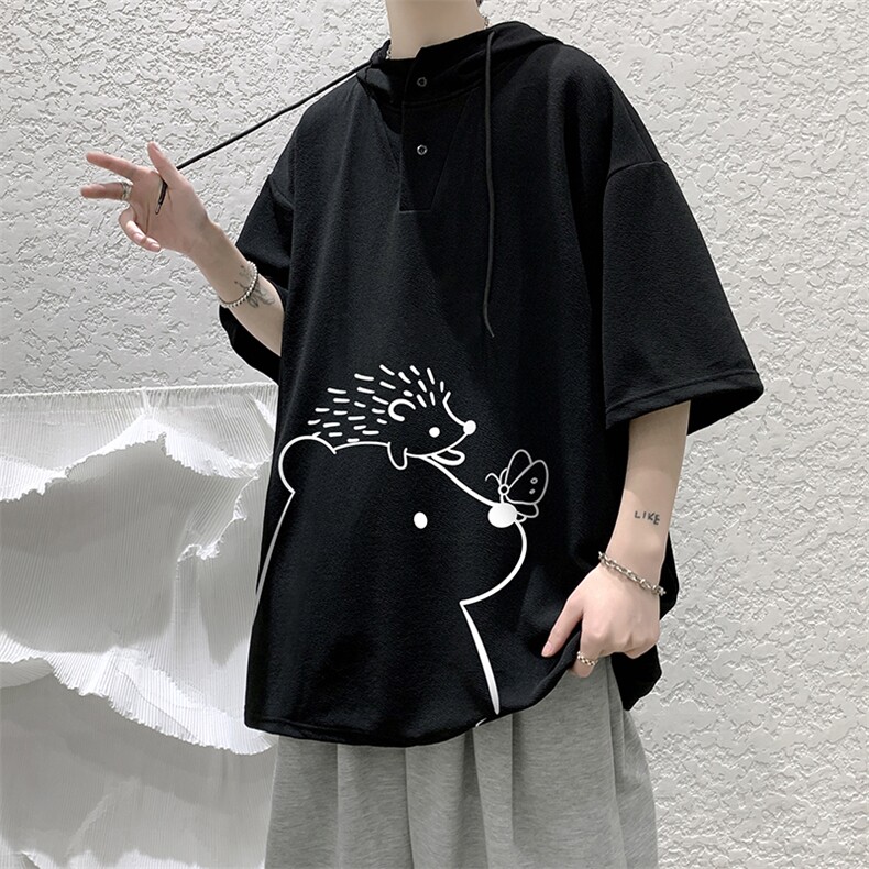 LD54166-P45连帽短袖t恤男大码胖子带帽五分袖中袖大皂风,男装T恤,电商A040