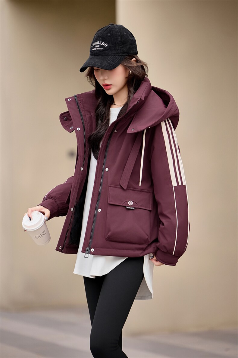 休闲时尚撞色工装派克羽绒服女2024冬新款加厚连帽保暖白鸭绒外套,女装羽绒服,采品优优