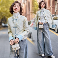 新中式轻薄羽绒服女短款2025年新款春白鸭绒时尚唐装提花外套，女装短外套，水衣源