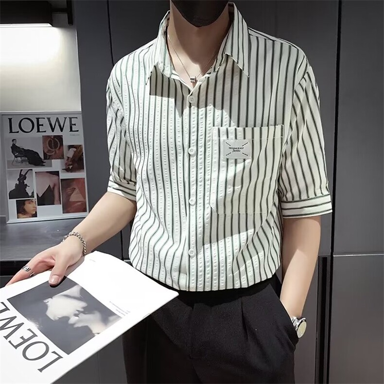 条纹短袖衬衫男夏季轻熟风痞帅正装修身薄款七分袖上衣CS617,男装T恤,星座1116A-2（原606A-1）