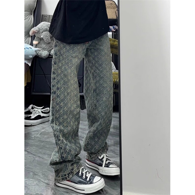 1506-1/KK66031/P42蓝提花满印牛仔裤男夏季潮牌设计感小众直筒裤图片