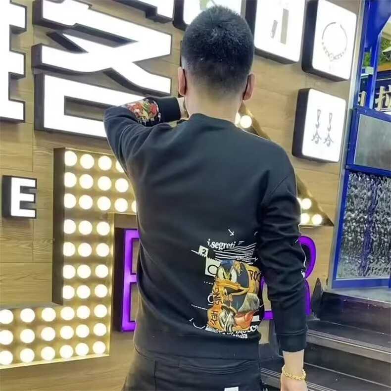 秋冬季新款个性印花卫衣男潮牌加绒休闲百搭长袖网红圆领打底上衣,男装T恤,星座506A