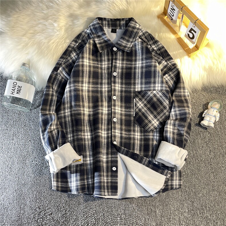 B413-1-jr5666冬季保暖加绒衬衫长袖学生情侣款格子衬衣宽松外套,男装衬衫,电商B413-1