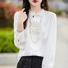 立领盘扣复古新中式缎面真丝开衫女春秋新款刺绣拼色长袖外搭上衣，女装衬衫，臻维羊绒